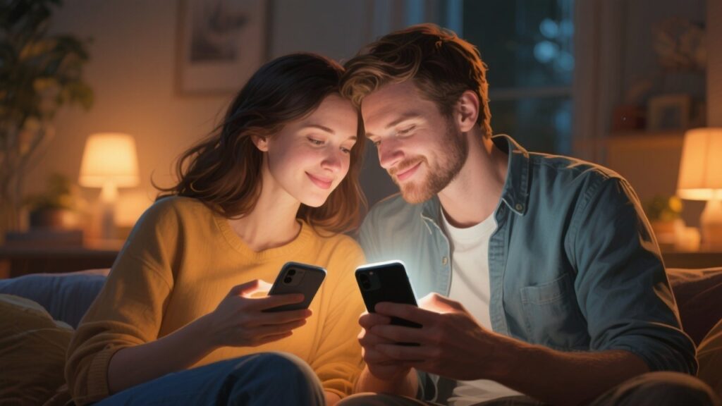 Couple connecting digitally, intimate digital foreplay.