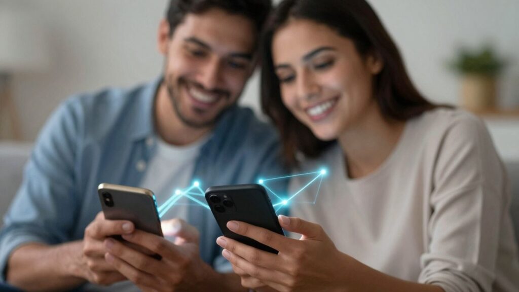 Couple connecting digitally on smartphones, modern dating concept.