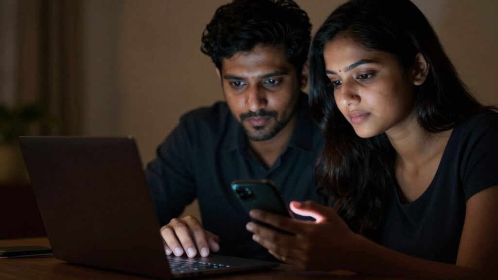 Couple connecting digitally through screens for intimacy.