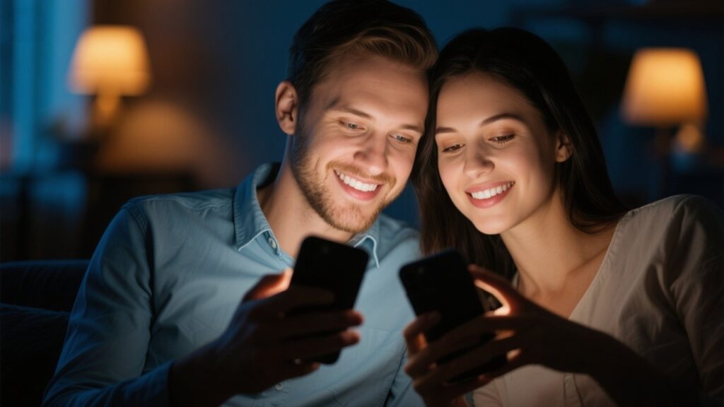 Couple connecting digitally via smartphones, intimate glow.