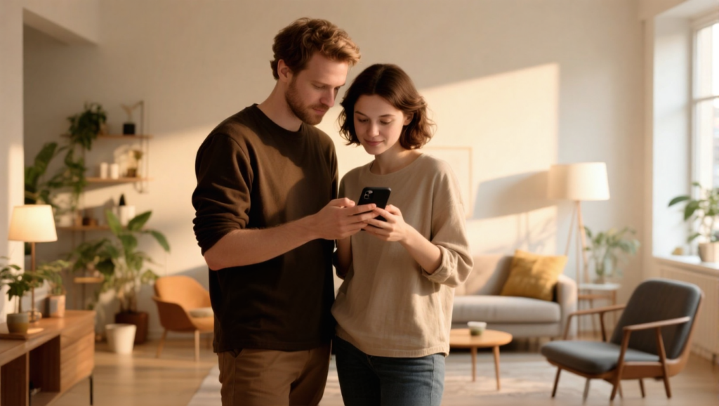Couple connecting intimately through digital devices