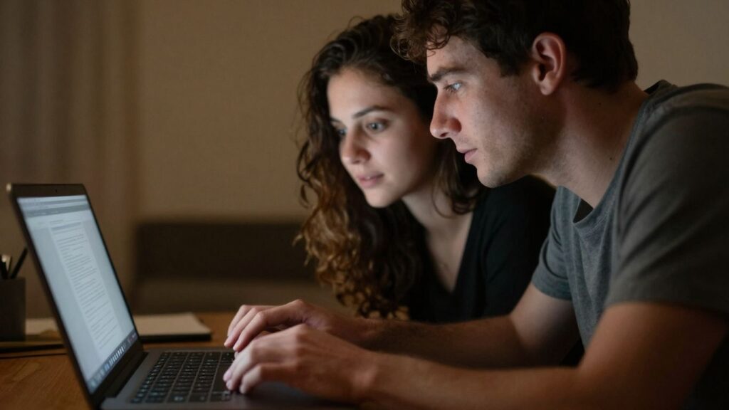 Couple connecting intimately through laptops