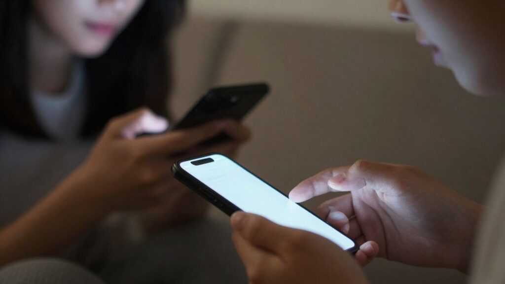 Couple connecting on phones in a private setting.