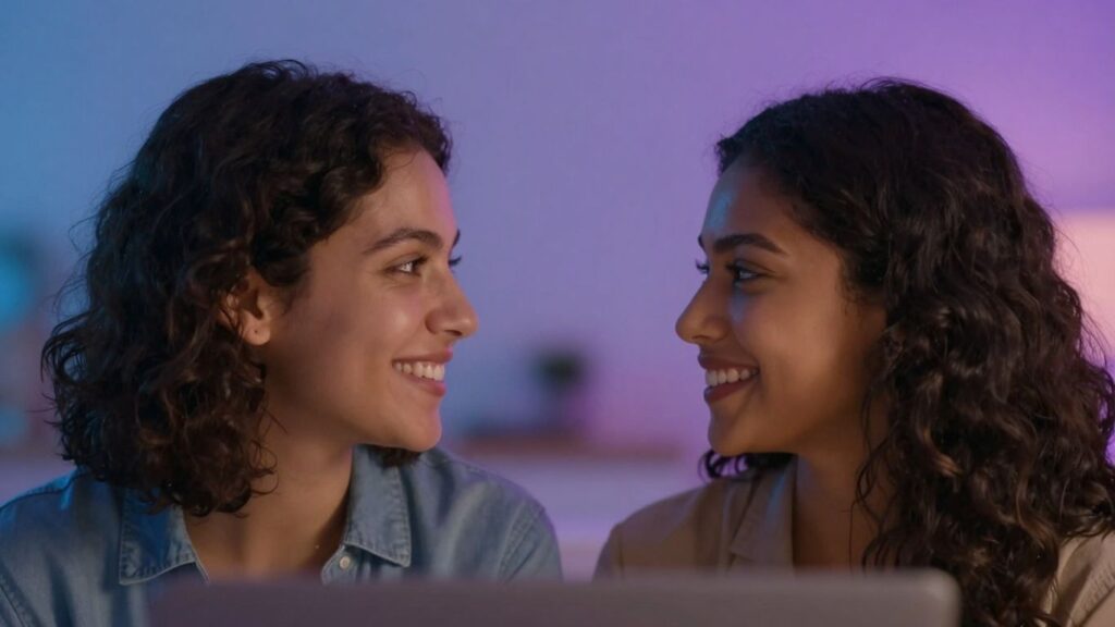 Couple connecting online, digital intimacy.