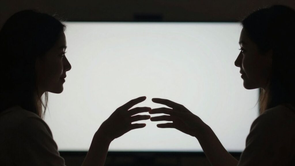 Couple connecting online, reaching for each other's hands.