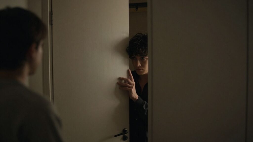 Couple considering disclosure near a closet.