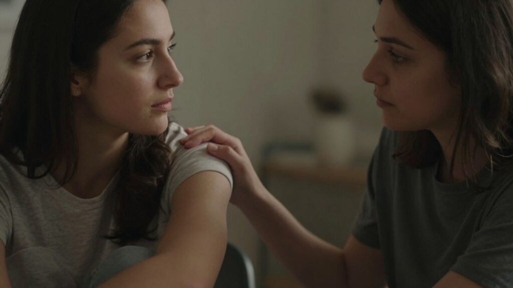 Couple discussing boundaries in an intimate setting.