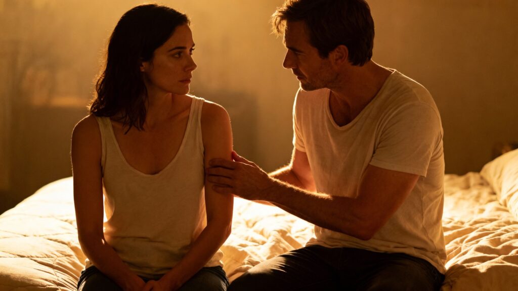 Couple discussing boundaries respectfully in an intimate setting.