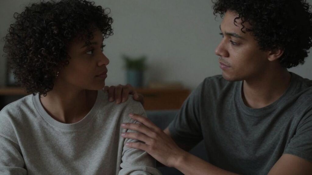 Couple discussing boundaries with gentle hand gesture.