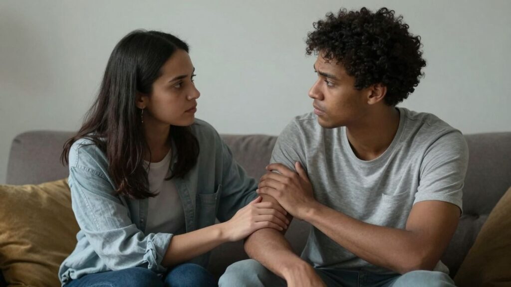 Couple discussing trust and communication in a relationship.