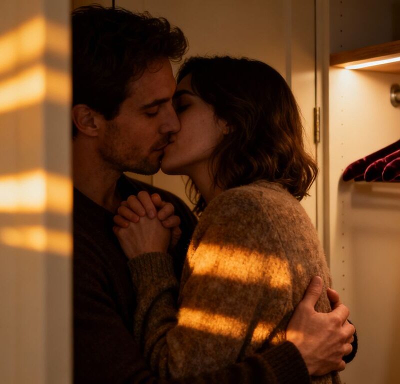 Couple embracing in a closet, emotional well-being.
