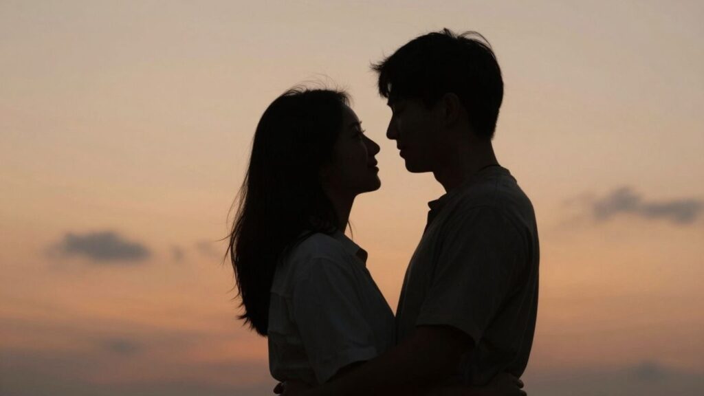 Couple embracing intimately, abstract shapes, warm tones.
