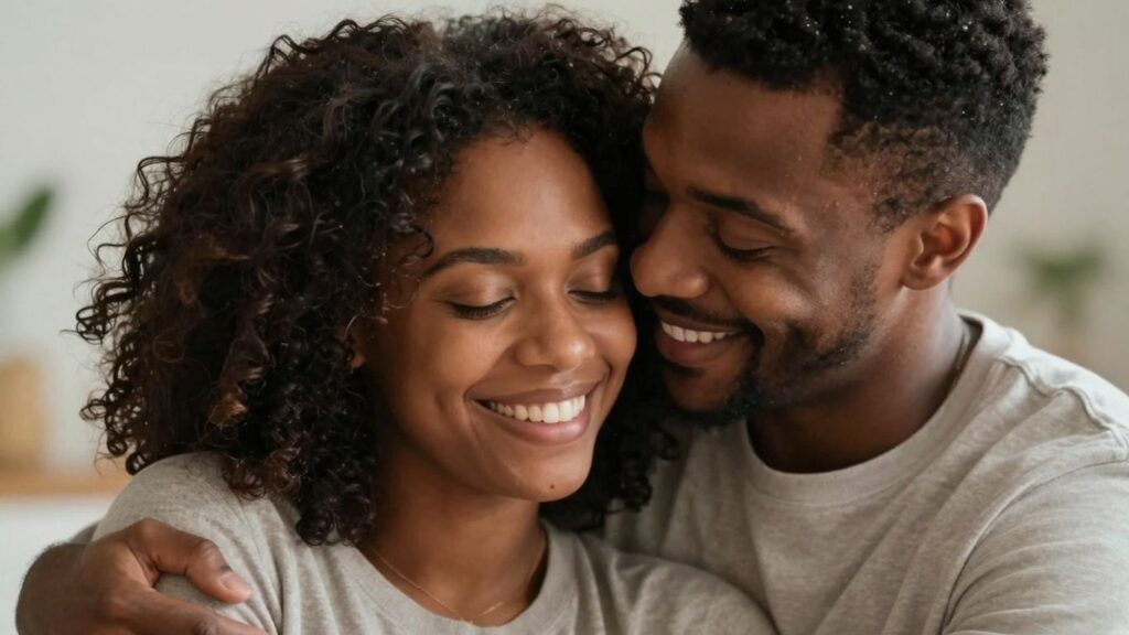 Couple embracing intimately, conveying connection and comfort.