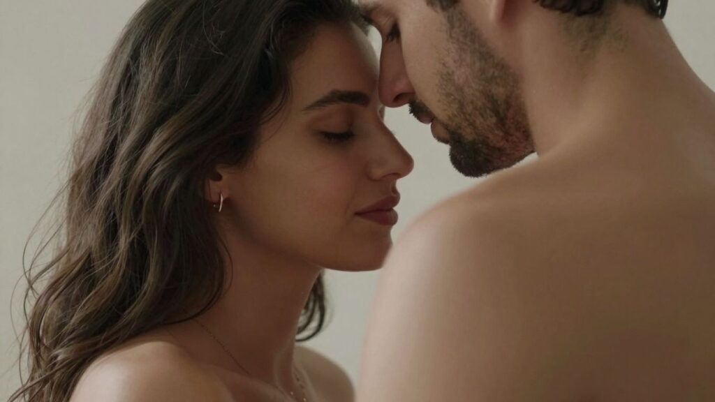 Couple embracing intimately, suggesting shared pleasure and connection.