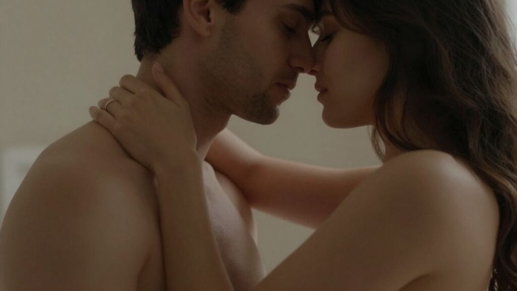 Couple embracing intimately, warm lighting, blurred background.