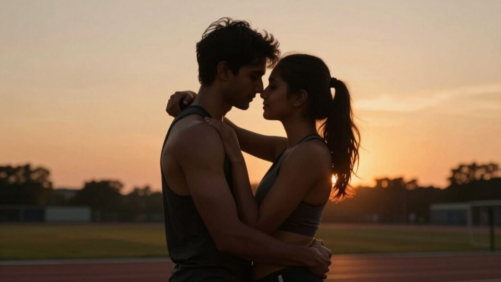 Couple embracing intimately with athletic track background.