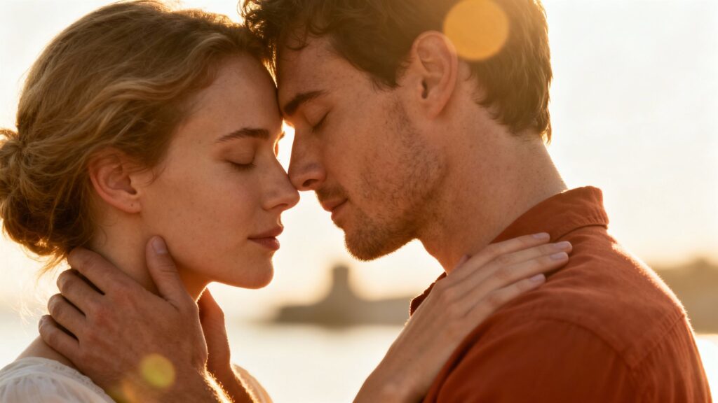 Couple embracing intimately with warm, soft lighting.