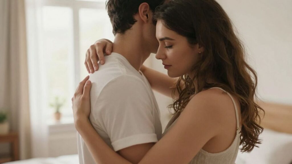 Couple embracing, showing intimacy and connection.