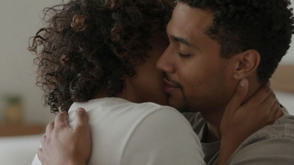 Couple embracing, showing trust and connection.