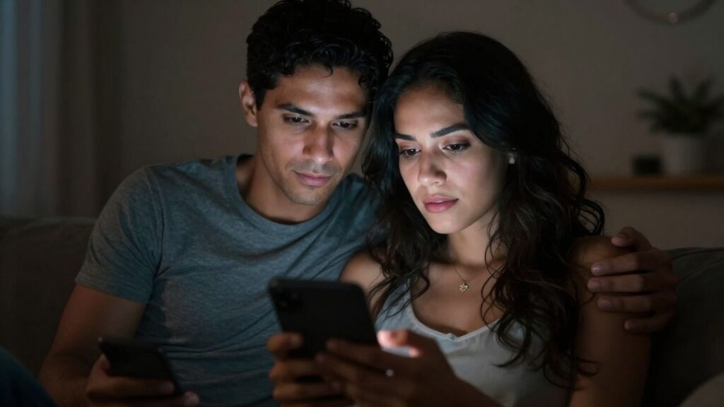 Couple engaged in digital foreplay, illuminated by screens.