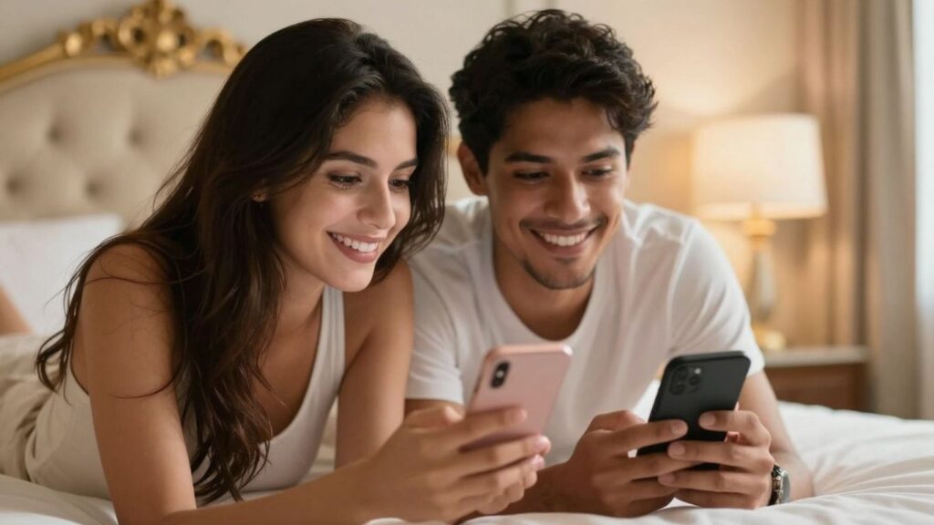 Couple engaging in digital foreplay on smartphones.
