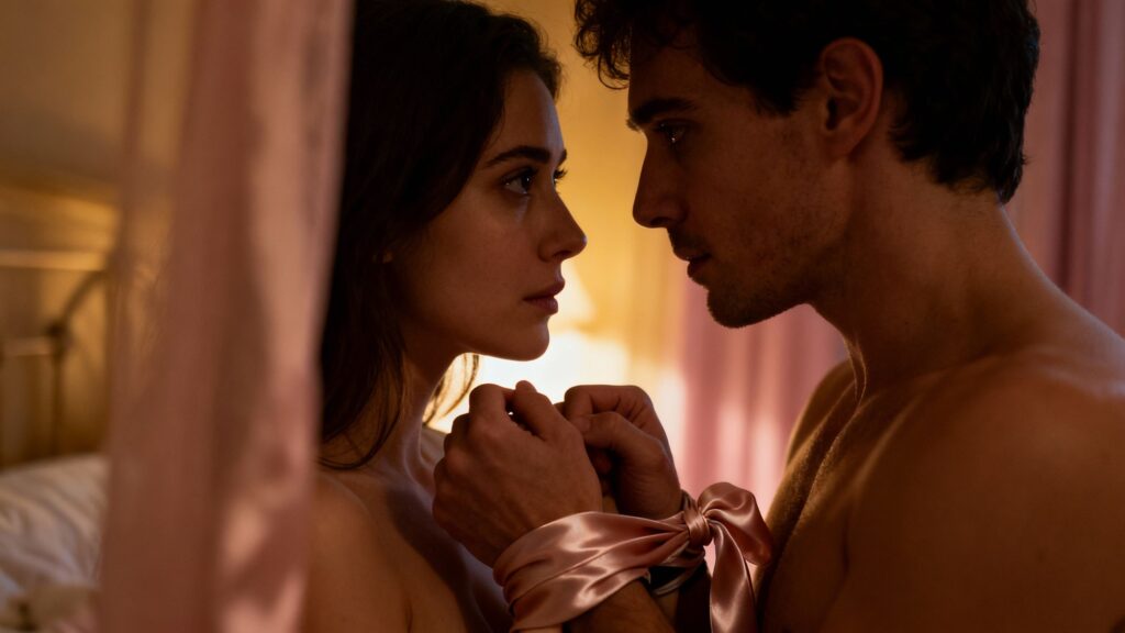 Couple exploring intimate BDSM lifestyle with trust and connection.