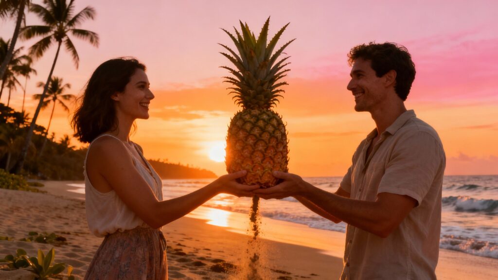 Couple holding an upside-down pineapple on a beach.
