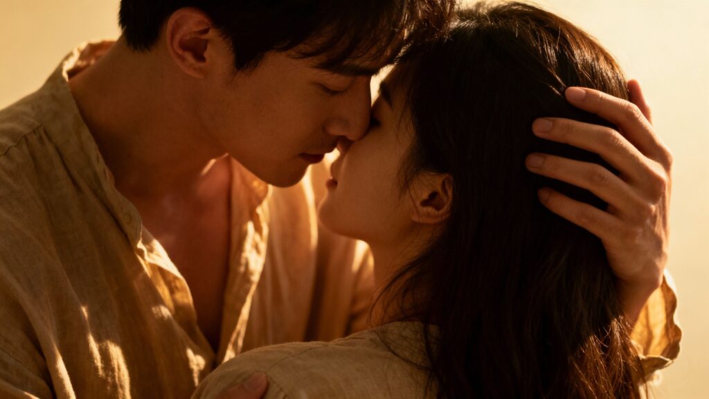 Couple holding each other gently after an intense experience.
