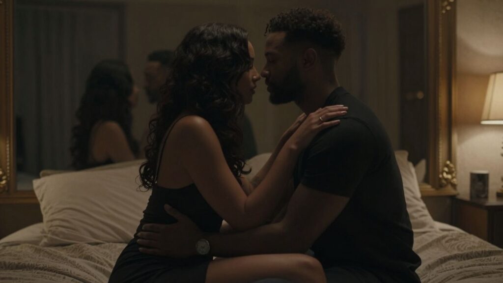 Couple in a bedroom, hinting at group dynamics.