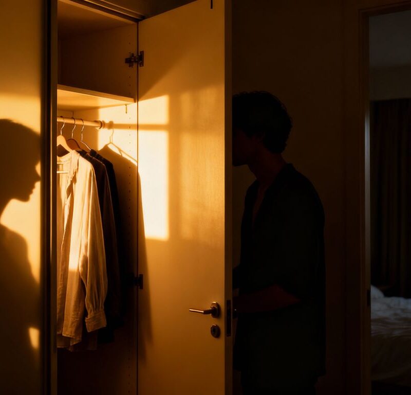 Couple in a bedroom with a closet door ajar.