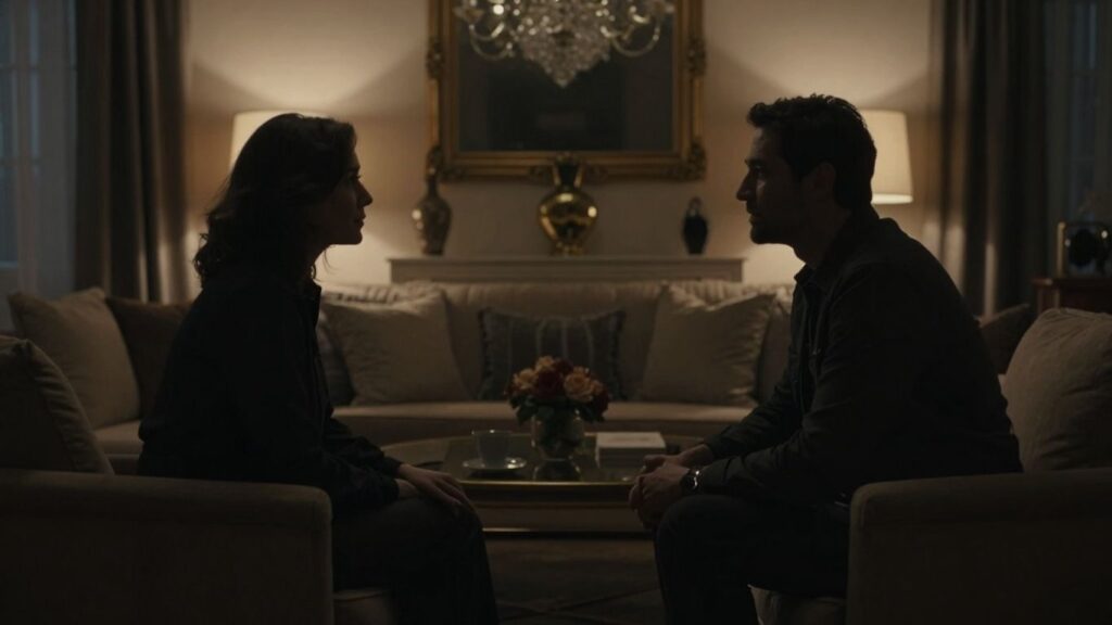Couple in a dimly lit, elegant living room.