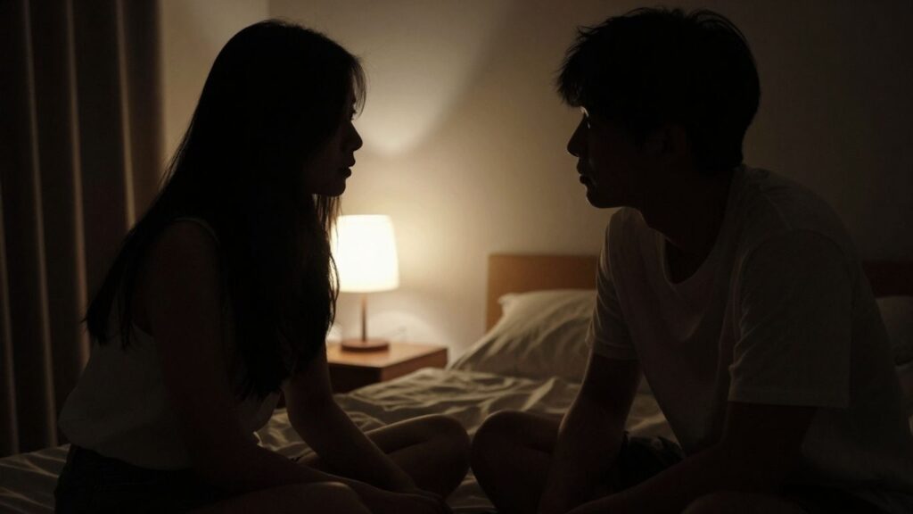 Couple in a dimly lit room, suggesting intimacy.