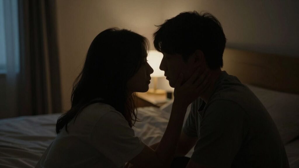 Couple in a dimly lit room, suggesting privacy and intimacy.