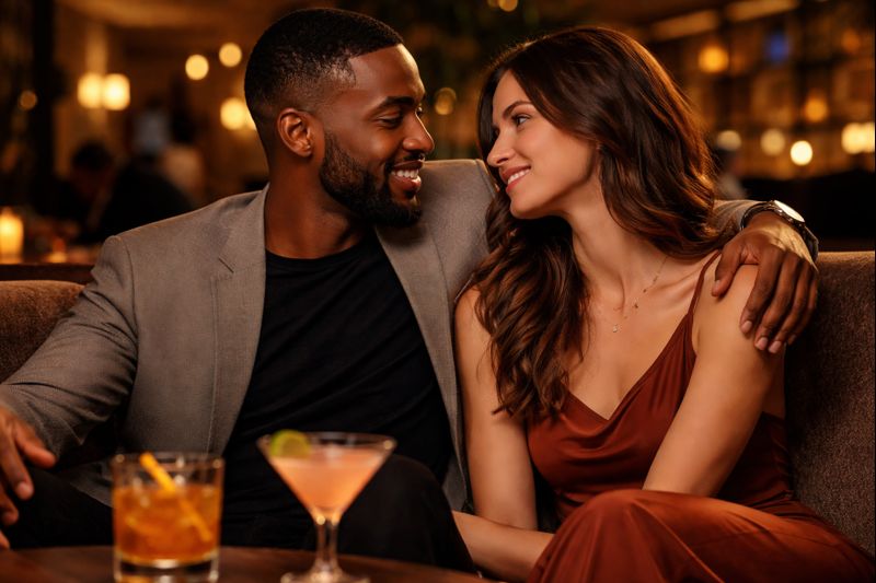 Couple in a lounge, conveying connection and understanding.