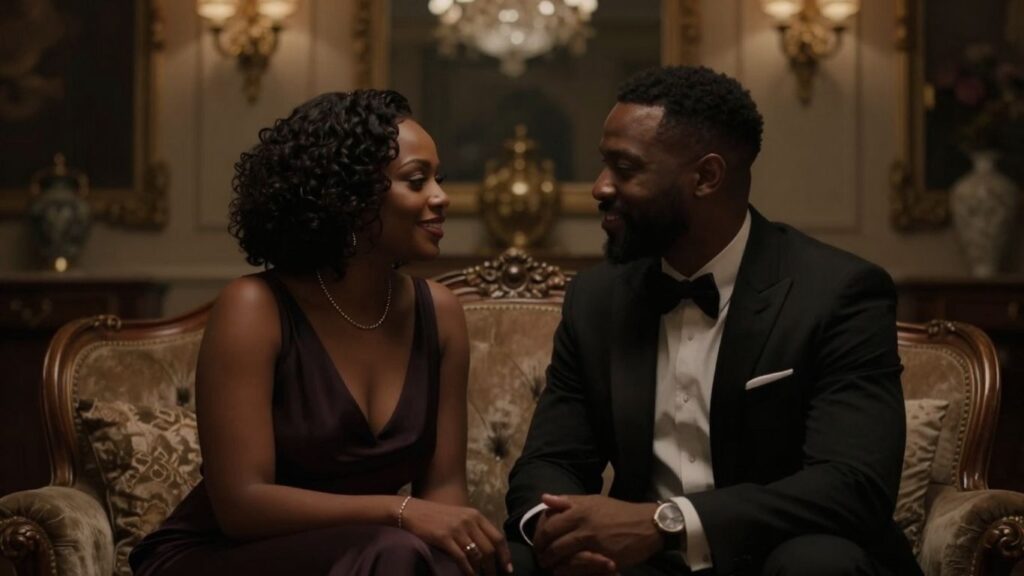 Couple in a luxurious room, intimate conversation.