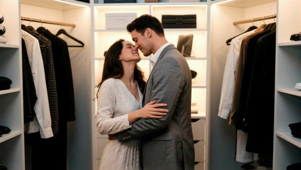Couple in a stylish closet, intimate atmosphere.