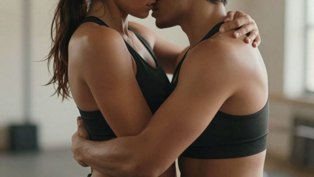 Couple in athletic embrace, suggestive pose.