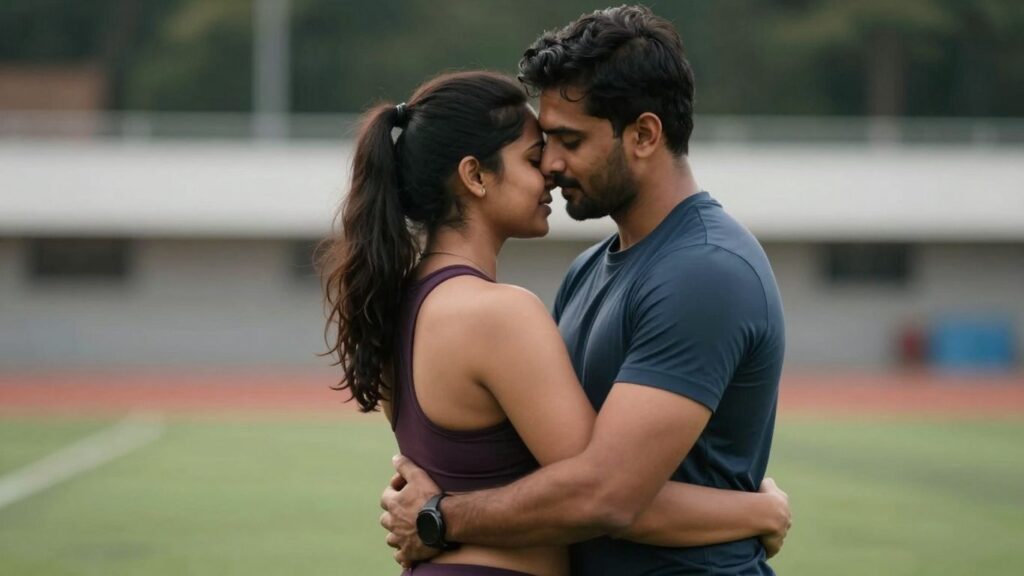 Couple in athletic wear embracing intimately.