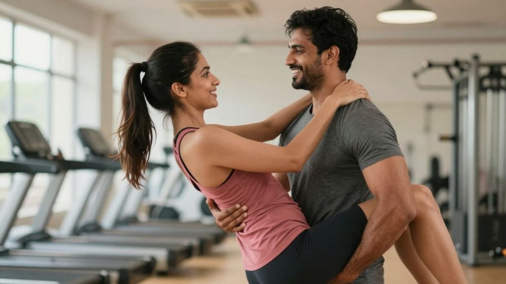 Couple in athletic wear engaging in playful intimacy.
