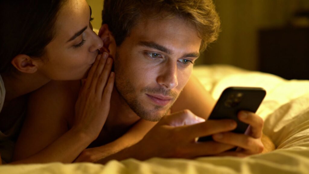 Couple in bed, one whispering, other holding phone.