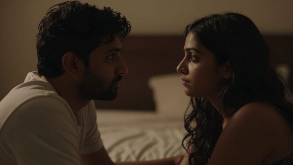Couple in bedroom, intimate lighting, looking at each other.