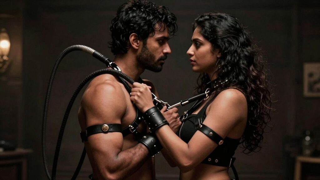Couple in intense BDSM scene, leather restraints, dimly lit.