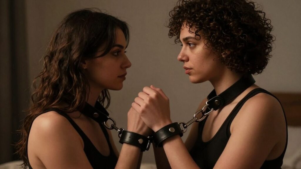 Couple in intimate BDSM scene with leather restraints.