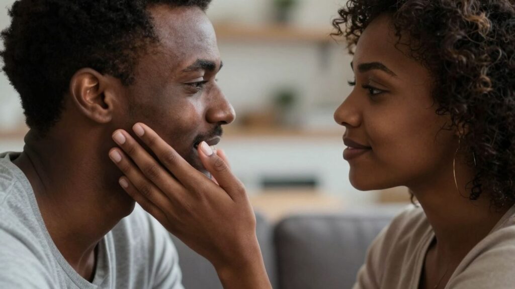 Couple in intimate conversation, connection, shared moment.