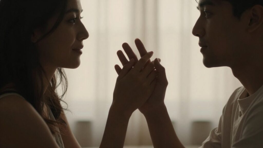 Couple in intimate conversation, touching hands.