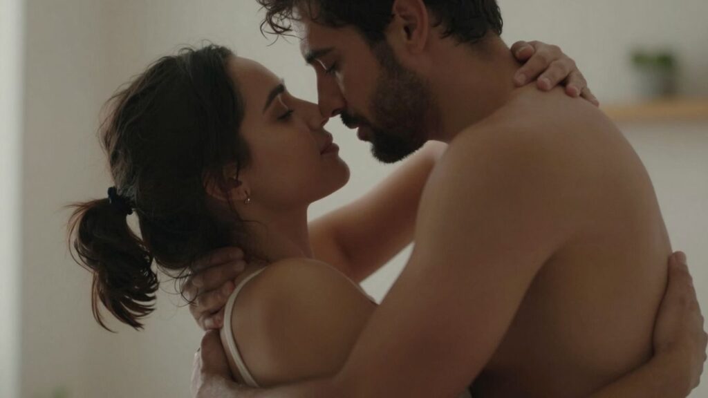 Couple in intimate embrace, conveying emotional connection.