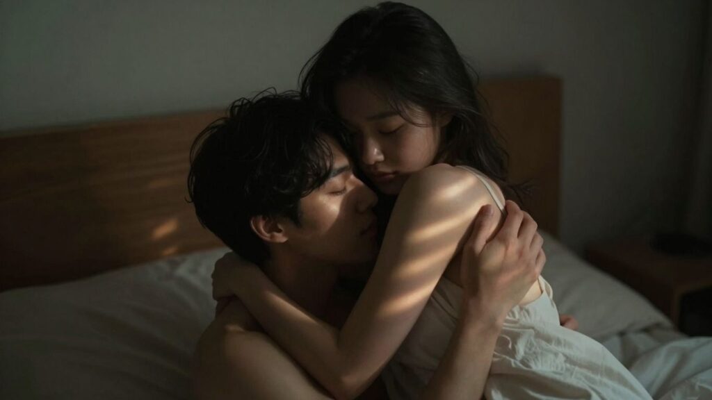 Couple in intimate embrace, reflecting after an encounter.