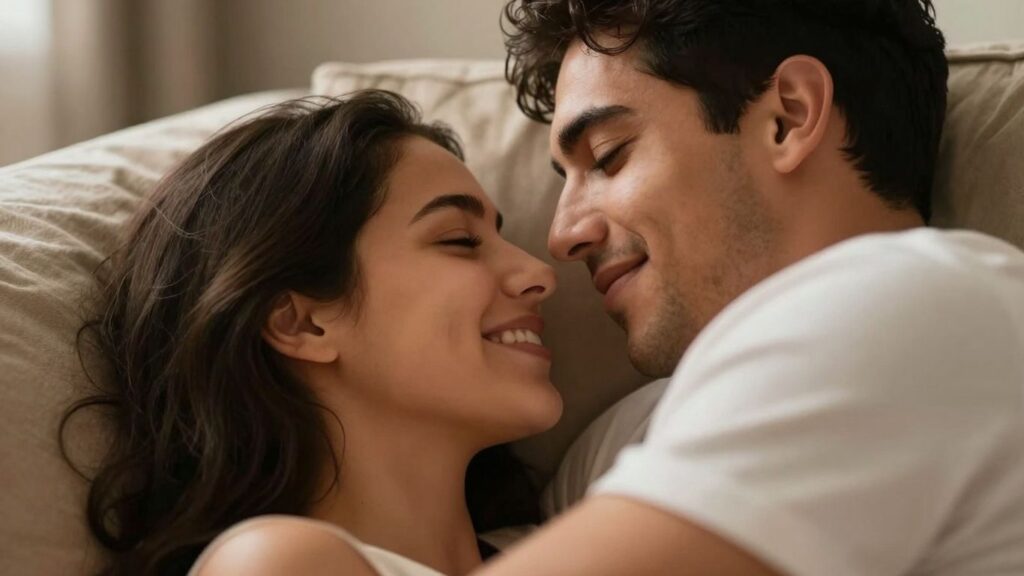 Couple in intimate embrace, warm lighting, relaxed sensuality.