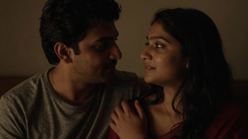 Couple in intimate setting, soft lighting, emotional connection.