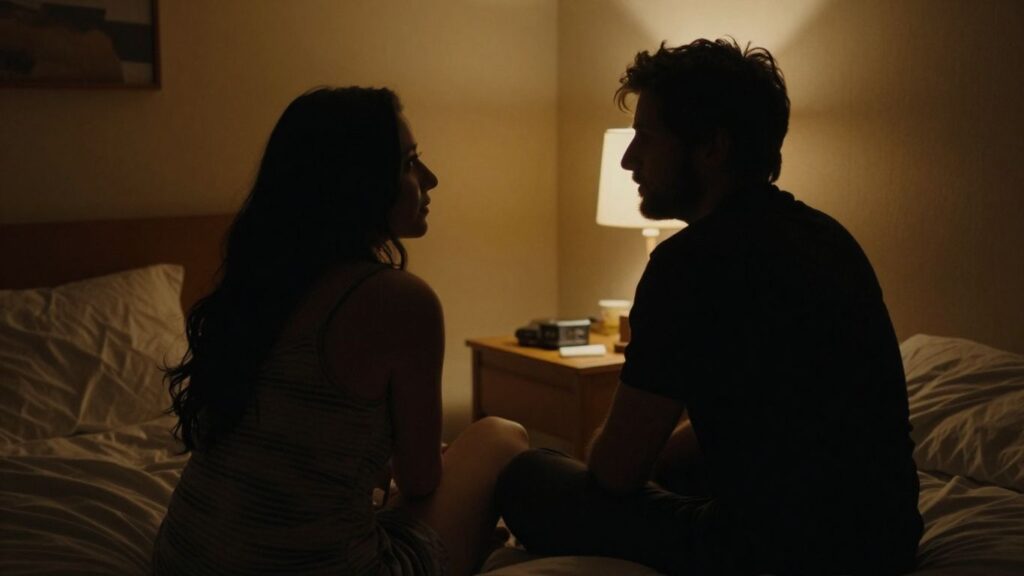 Couple in intimate setting, soft lighting, private atmosphere.